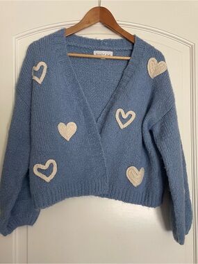 Threaded Leaf Blue Chunky-Knit Heart V-Neck Retro Open Sweater S